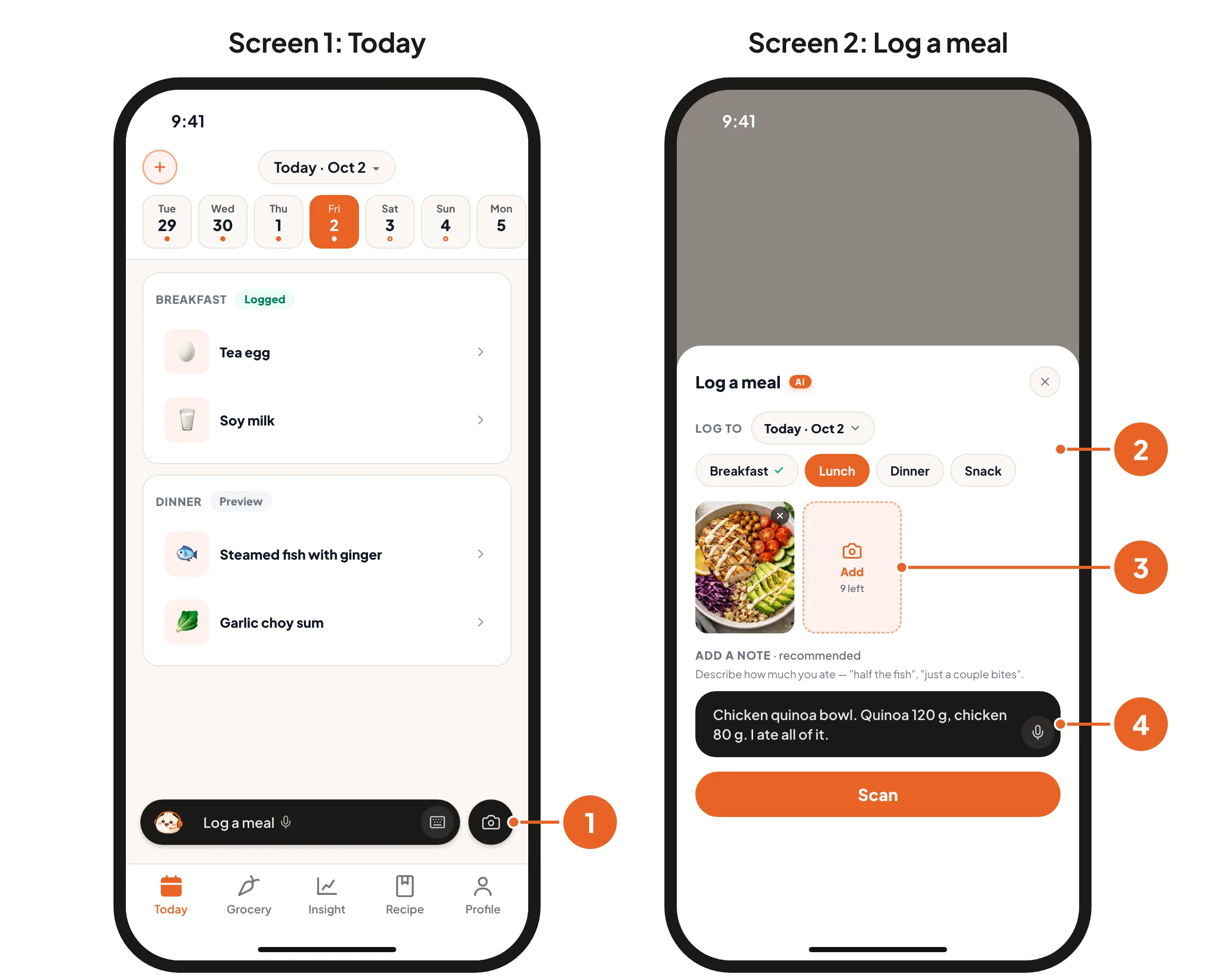 Screen 1: the camera button on Today. Screen 2: the Log a meal sheet with the meal picked, a photo and a note.