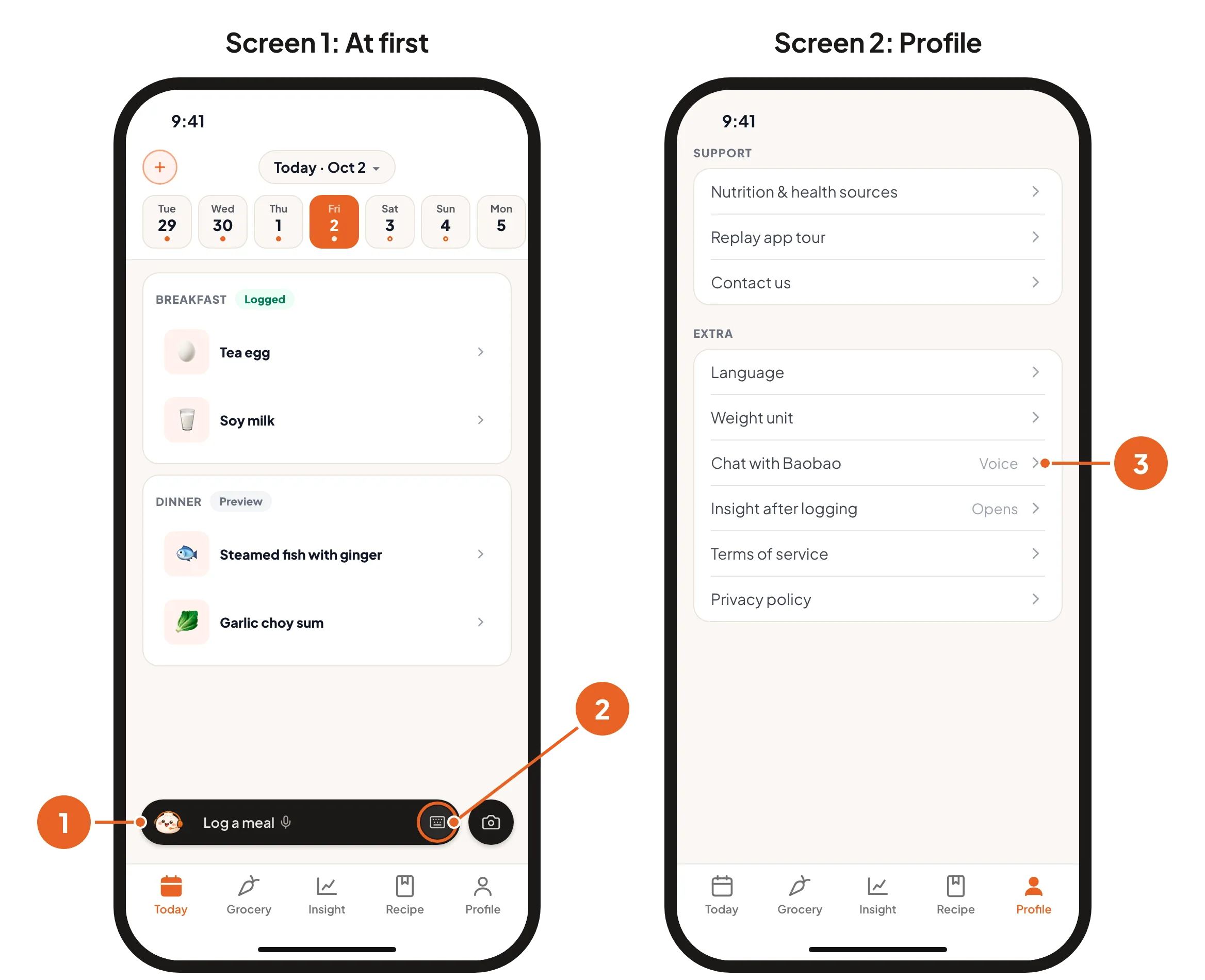 Screen 1: the Baobao bar with its keyboard button. Screen 2: Chat with Baobao in the Profile tab.