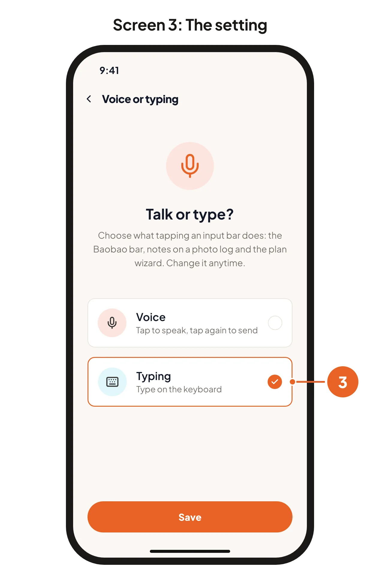 Screen 3: Typing selected. Screen 4: the bar after the change, with a microphone button.