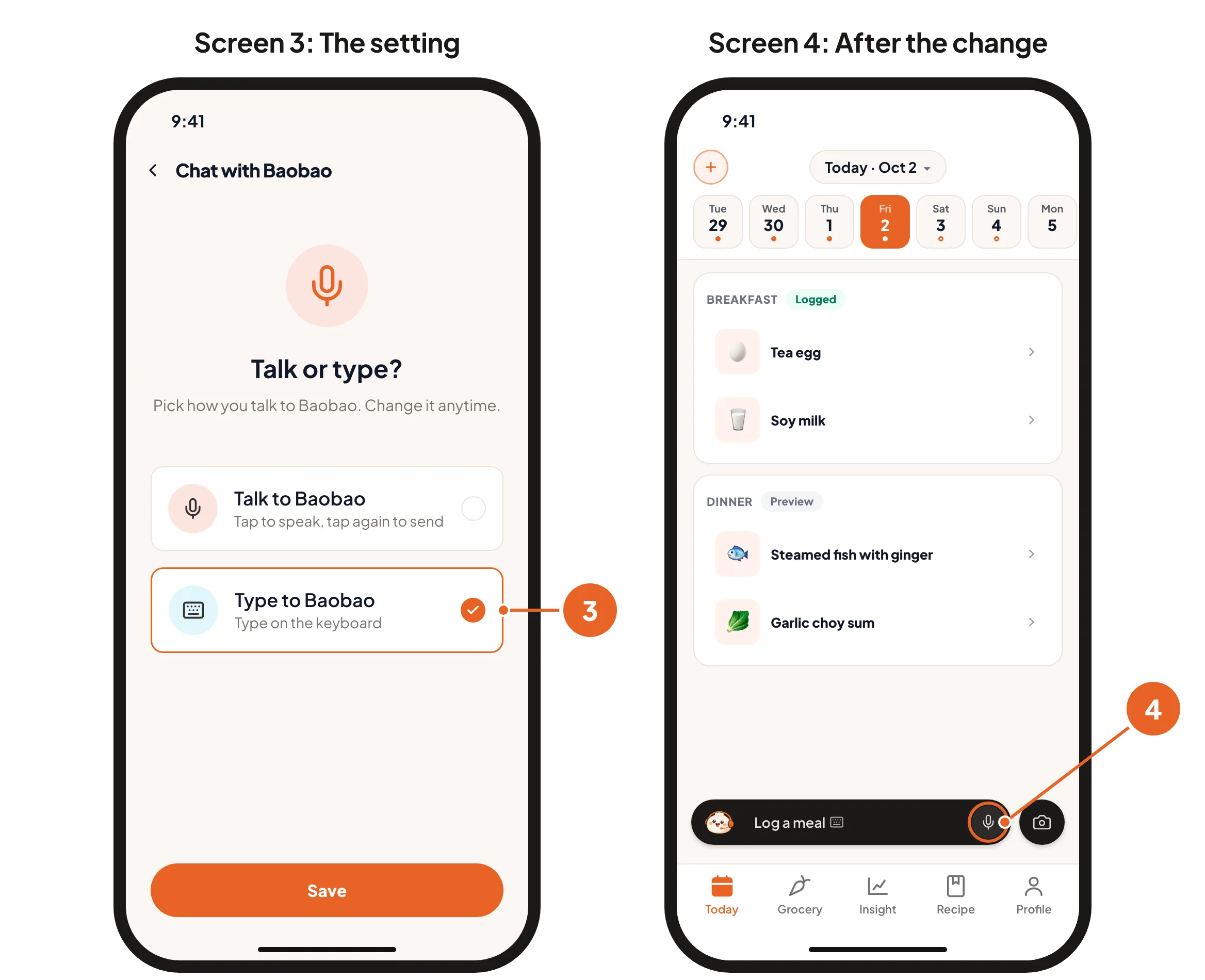 Screen 3: Type to Baobao selected. Screen 4: the bar after the change, with a microphone button.