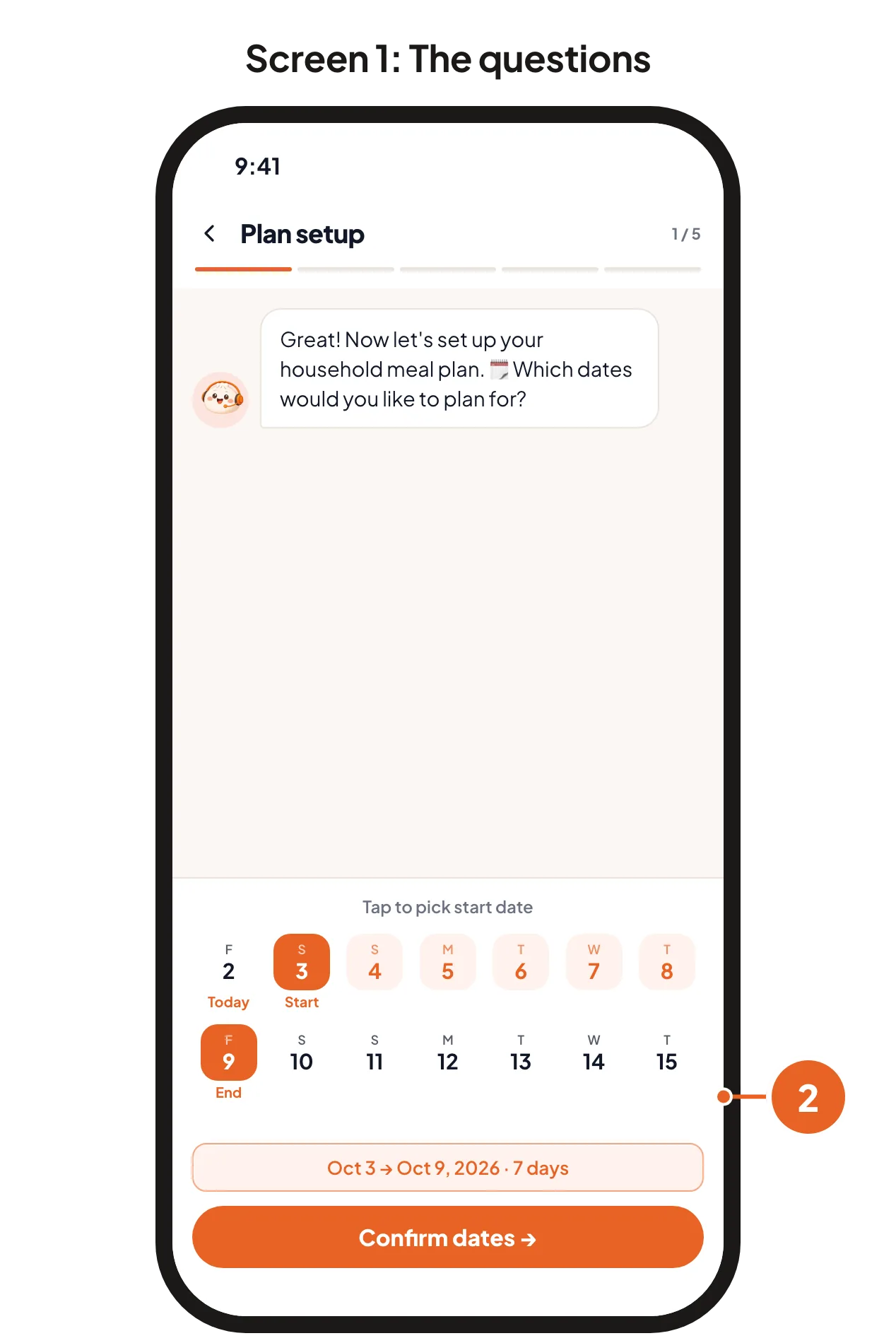 Screen 1: picking the dates to plan. Screen 2: the draft plan with the Generate plan button.