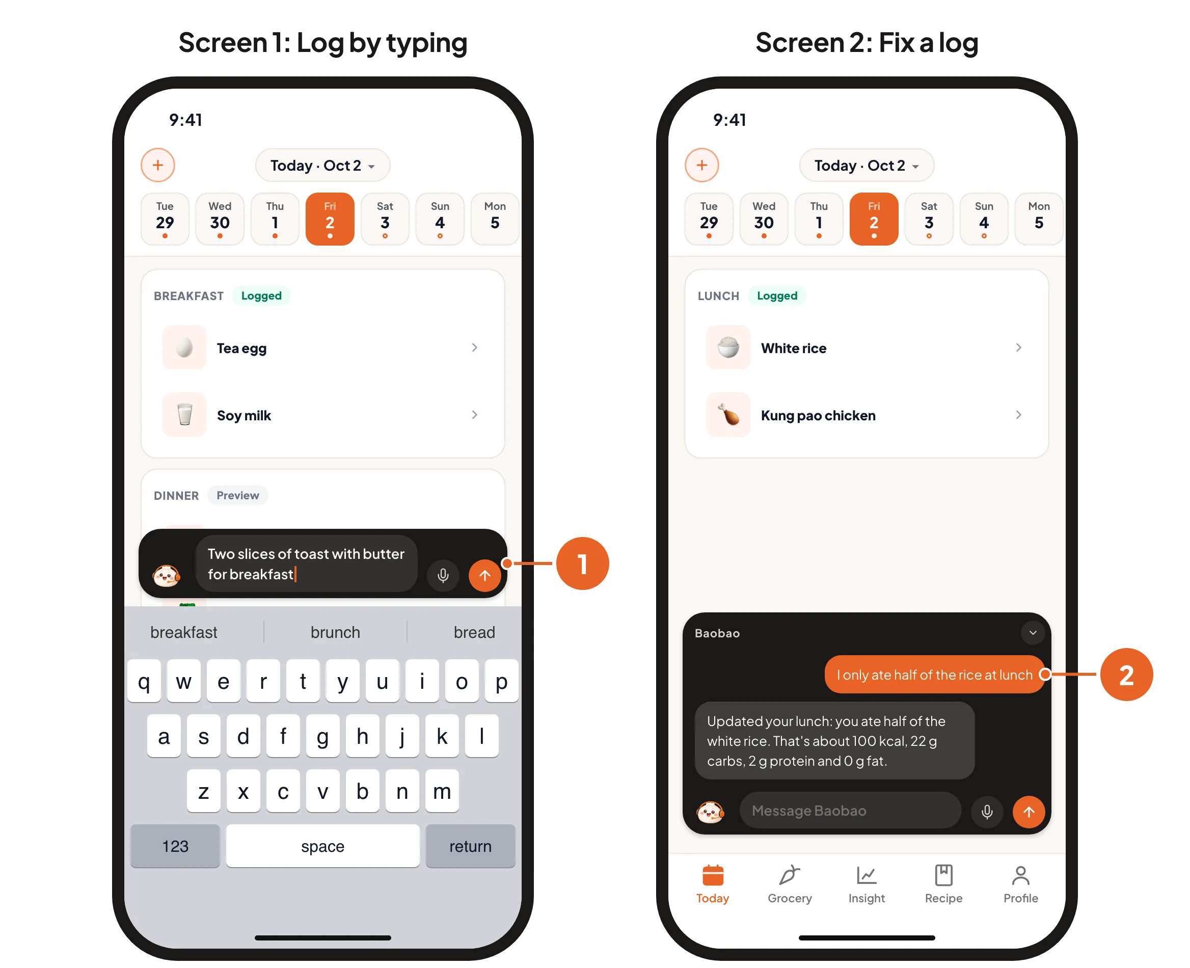 Screen 1: typing a meal into the Baobao bar. Screen 2: asking Baobao to fix a logged meal.