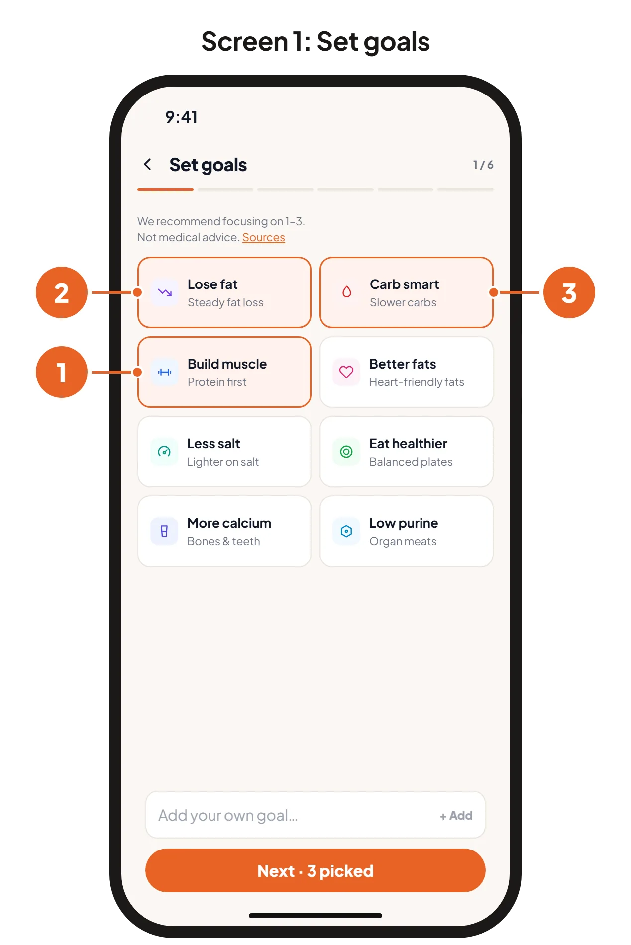 Screen 1: Set goals, with Lose fat, Carb smart and Build muscle picked. Screen 2: Daily calories, with the suggested calorie target.