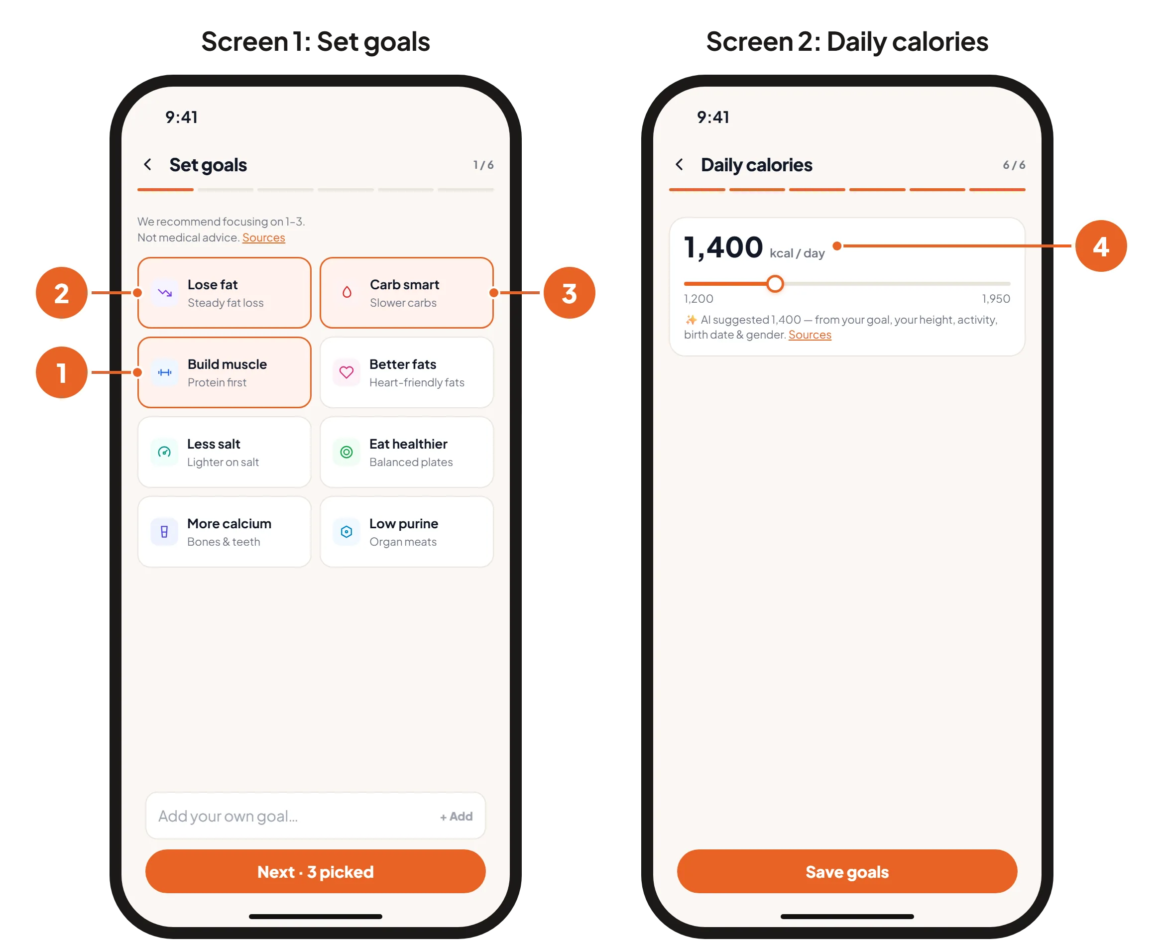 Screen 1: Set goals, with Lose fat, Carb smart and Build muscle picked. Screen 2: Daily calories, with the suggested calorie target.