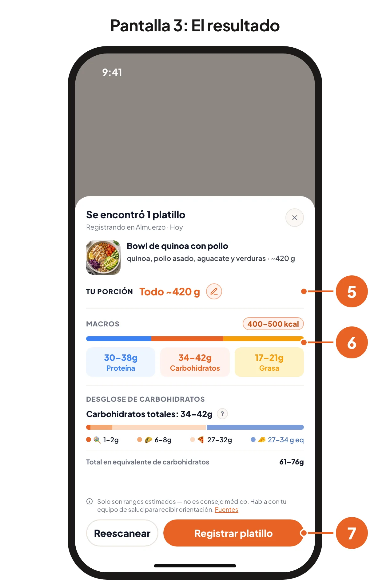 Pantalla 3: el resultado, con tu porción, los macros, el desglose de carbohidratos y el botón Registrar platillo.