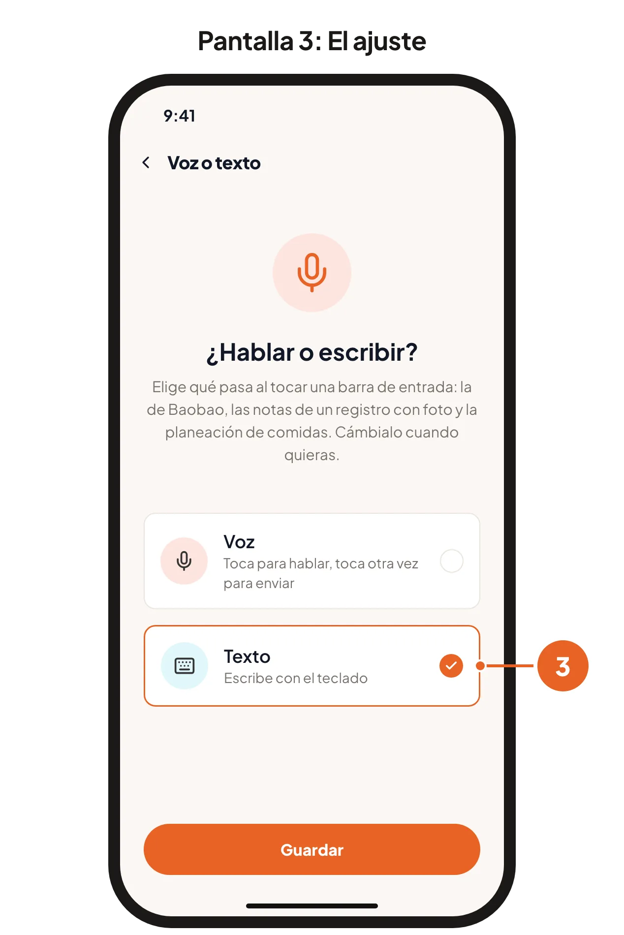 Pantalla 3: Texto seleccionado. Pantalla 4: la barra después del cambio, con un botón de micrófono.