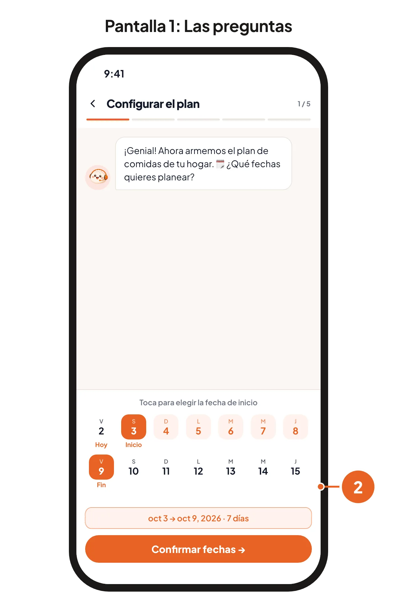 Pantalla 1: la elección de las fechas para planear. Pantalla 2: el borrador del plan con el botón Crear plan.