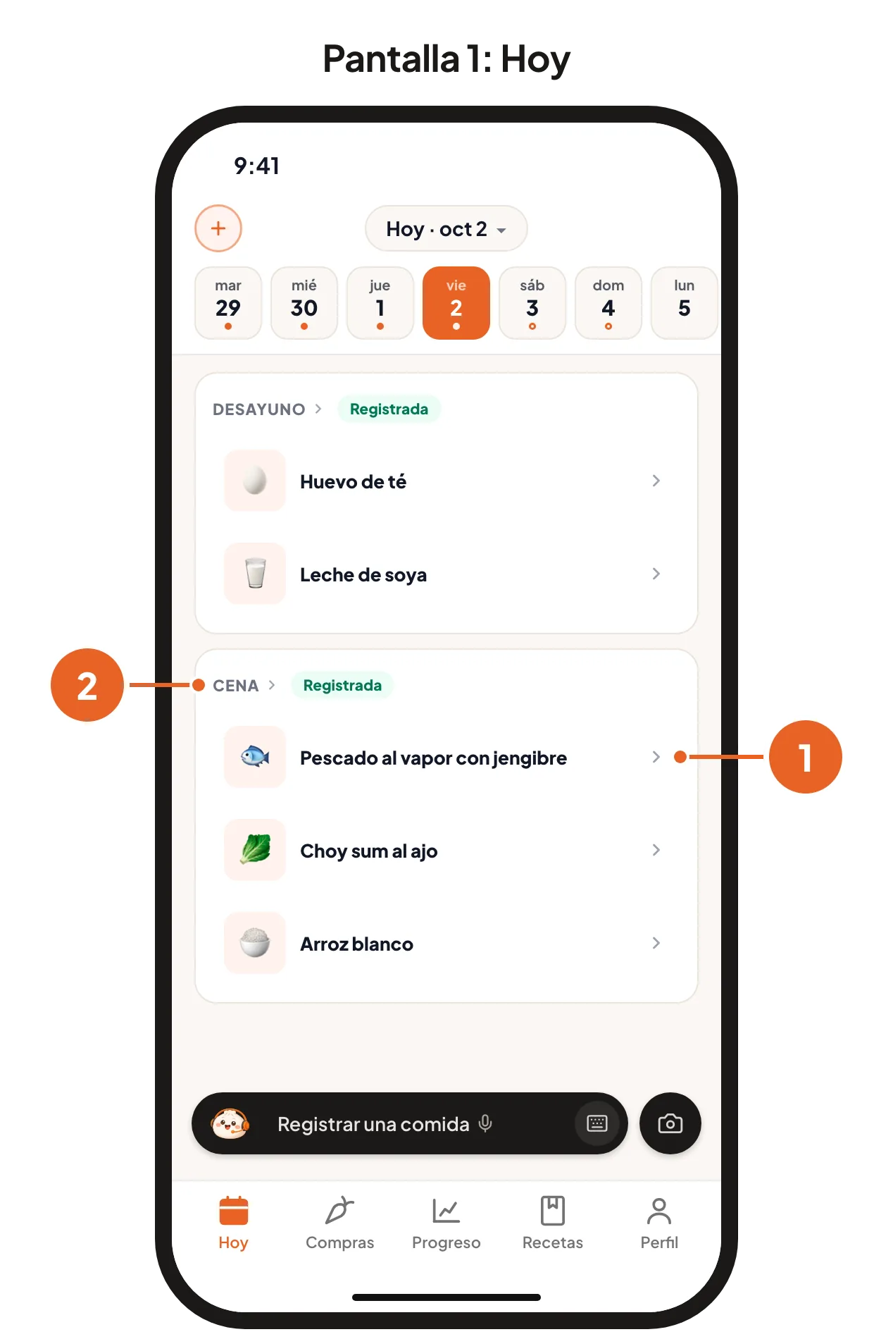Pantalla 1: Hoy con una cena registrada, con un platillo y el nombre de la comida numerados. Pantalla 2: el Total de la comida de esa cena, con sus rangos y el total en equivalente de carbohidratos.