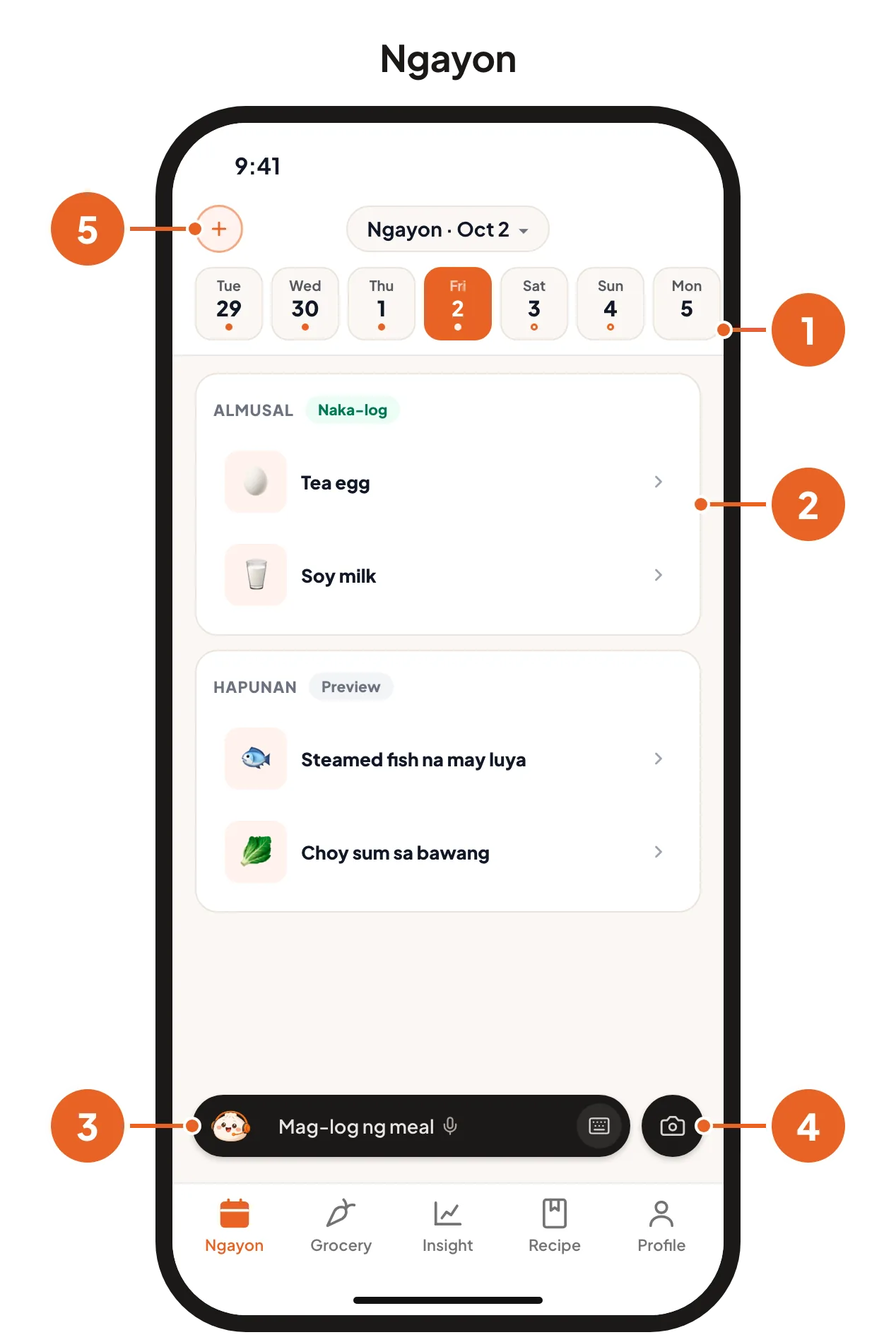 Ang Ngayon page, kasama ang date strip, mga meal card, Baobao bar, camera button at + button, na may numerong 1 hanggang 5.