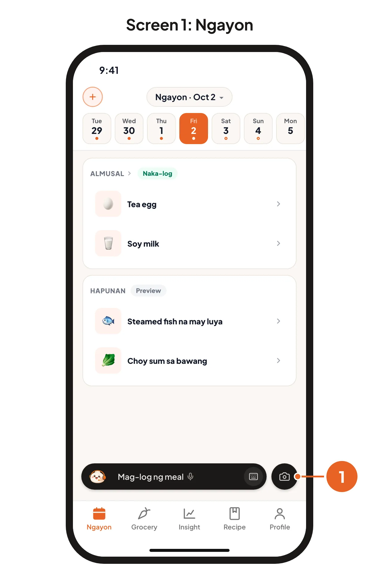Screen 1: ang camera button sa Ngayon. Screen 2: ang Mag-log ng meal na sheet na may napiling meal, isang picture at isang note.