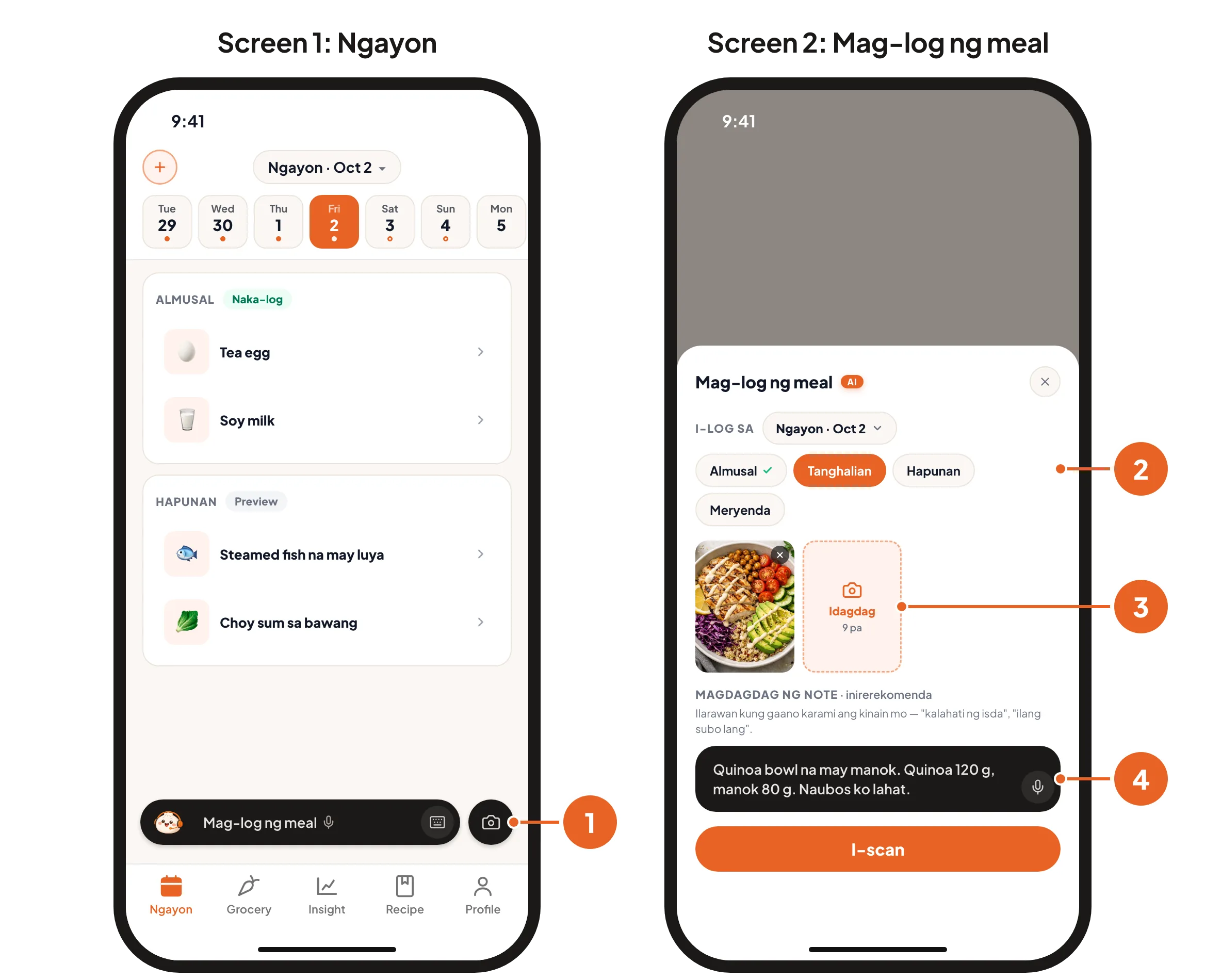 Screen 1: ang camera button sa Ngayon. Screen 2: ang Mag-log ng meal na sheet na may napiling meal, isang picture at isang note.