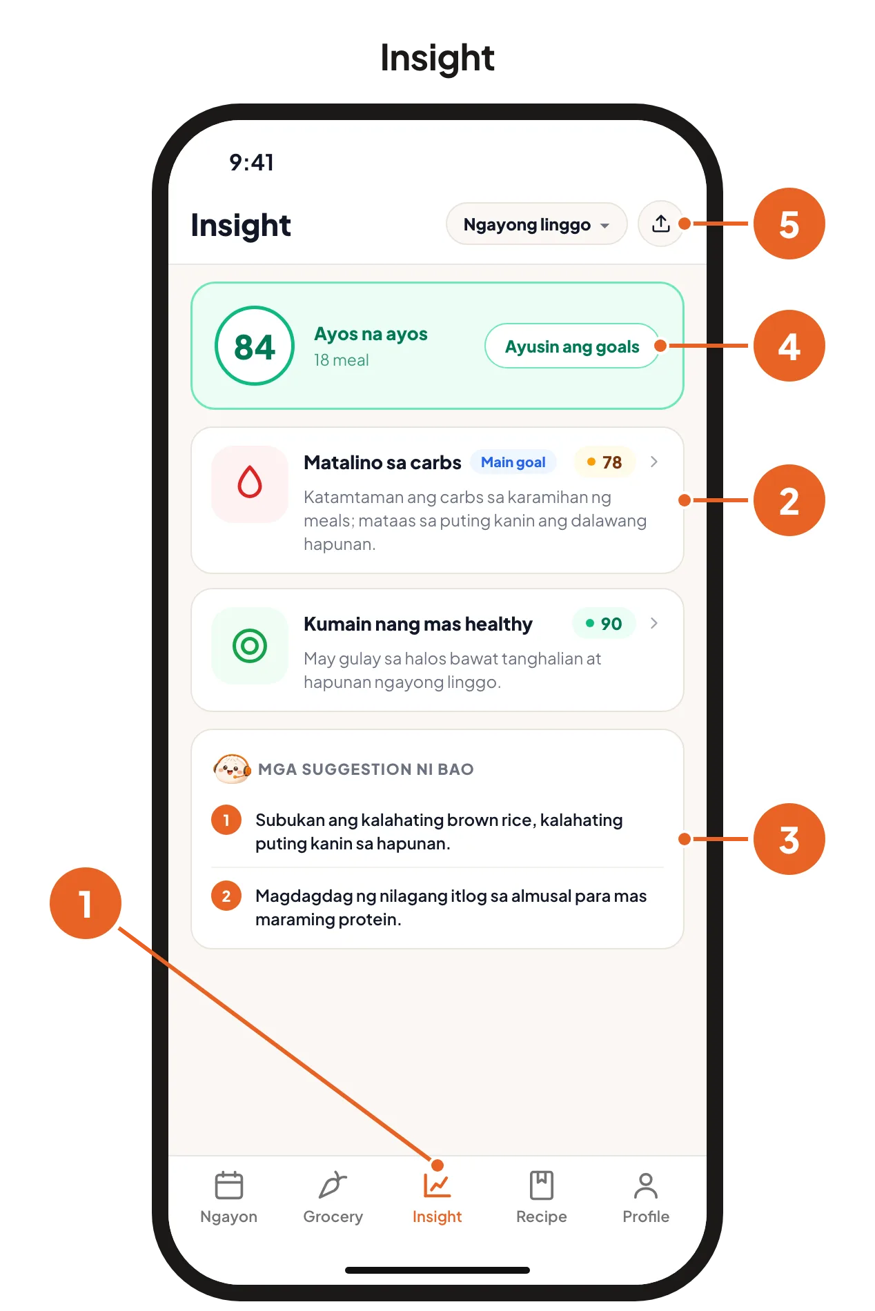 Ang Insight page: ang Insight tab, score ng isang goal, Mga suggestion ni Bao, Ayusin ang goals at ang share button.