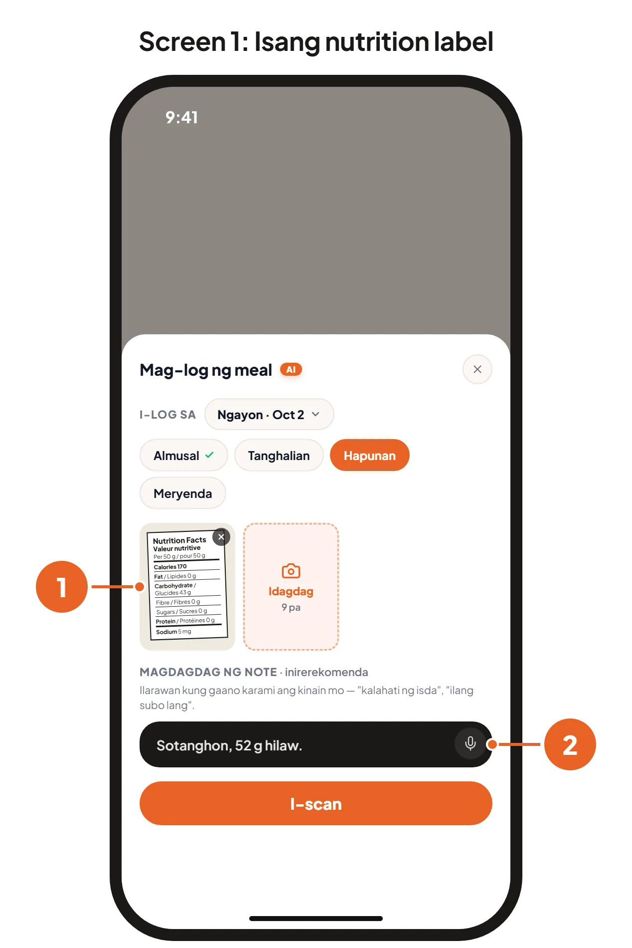 Screen 1: ang Mag-log ng meal na sheet na may picture ng nutrition label at ang note na “Sotanghon, 52 g hilaw”. Screen 2: ang resulta, na may 45 g ng carbs bilang iisang numero.