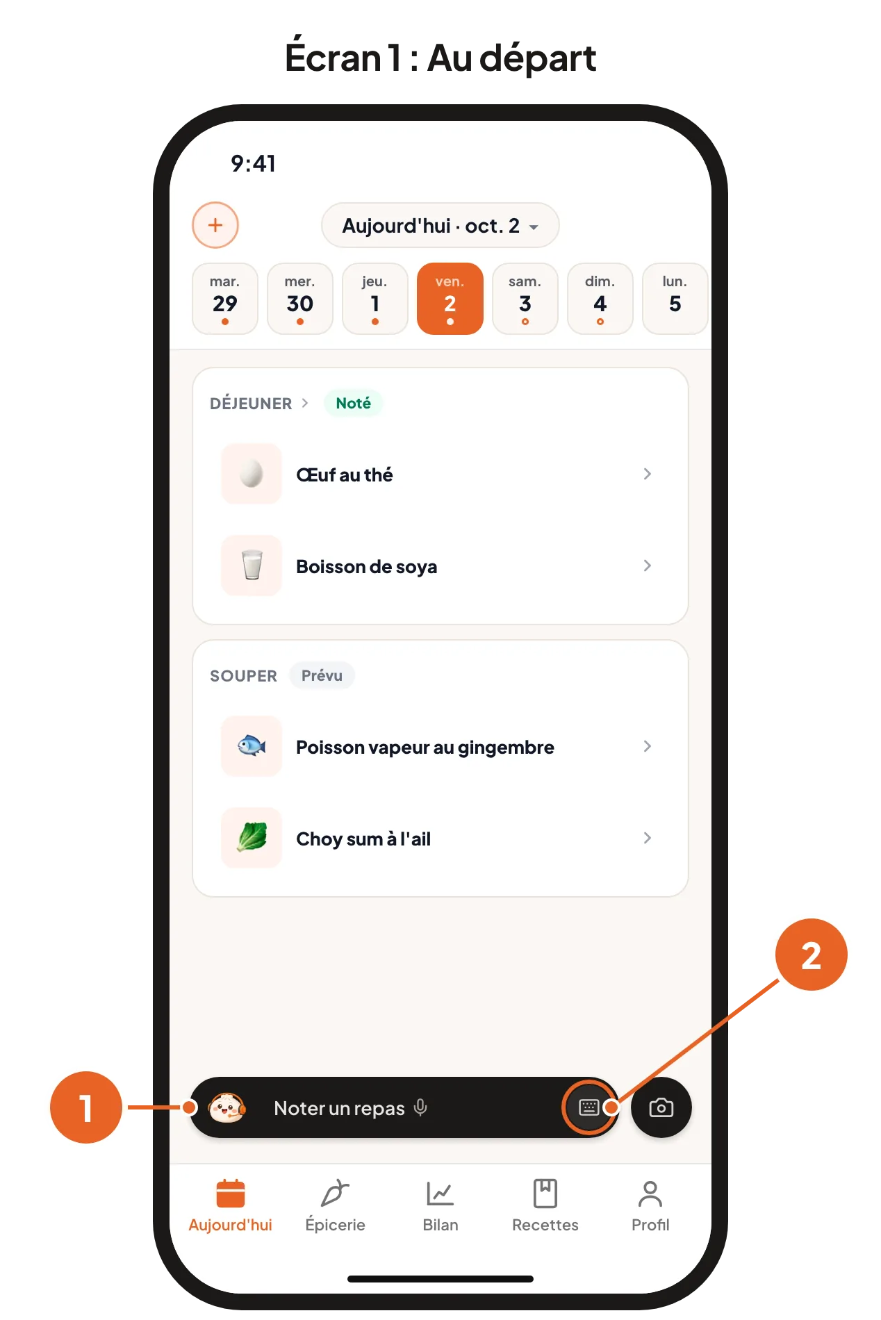 Écran 1 : la barre Baobao avec son bouton de clavier. Écran 2 : Voix ou clavier dans l’onglet Profil.