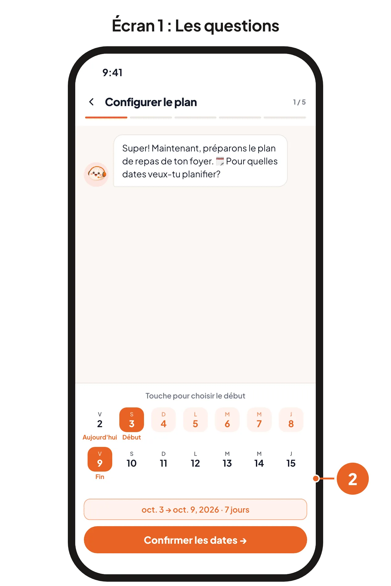 Écran 1 : le choix des dates à planifier. Écran 2 : le brouillon du plan avec le bouton Créer le plan.