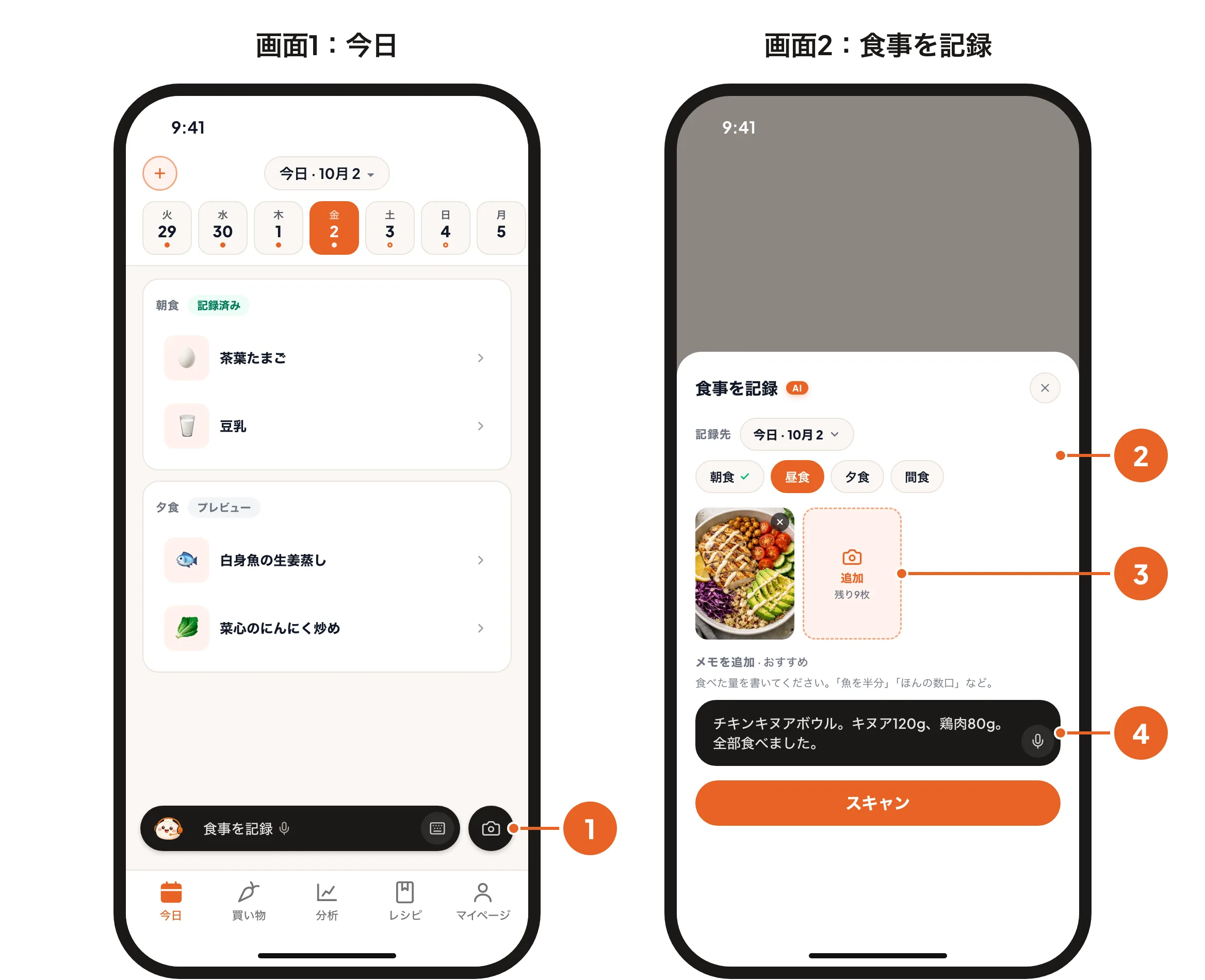 画面1:「今日」のカメラボタン。画面2:食事を選び、写真とメモを入れた「食事を記録」シート。