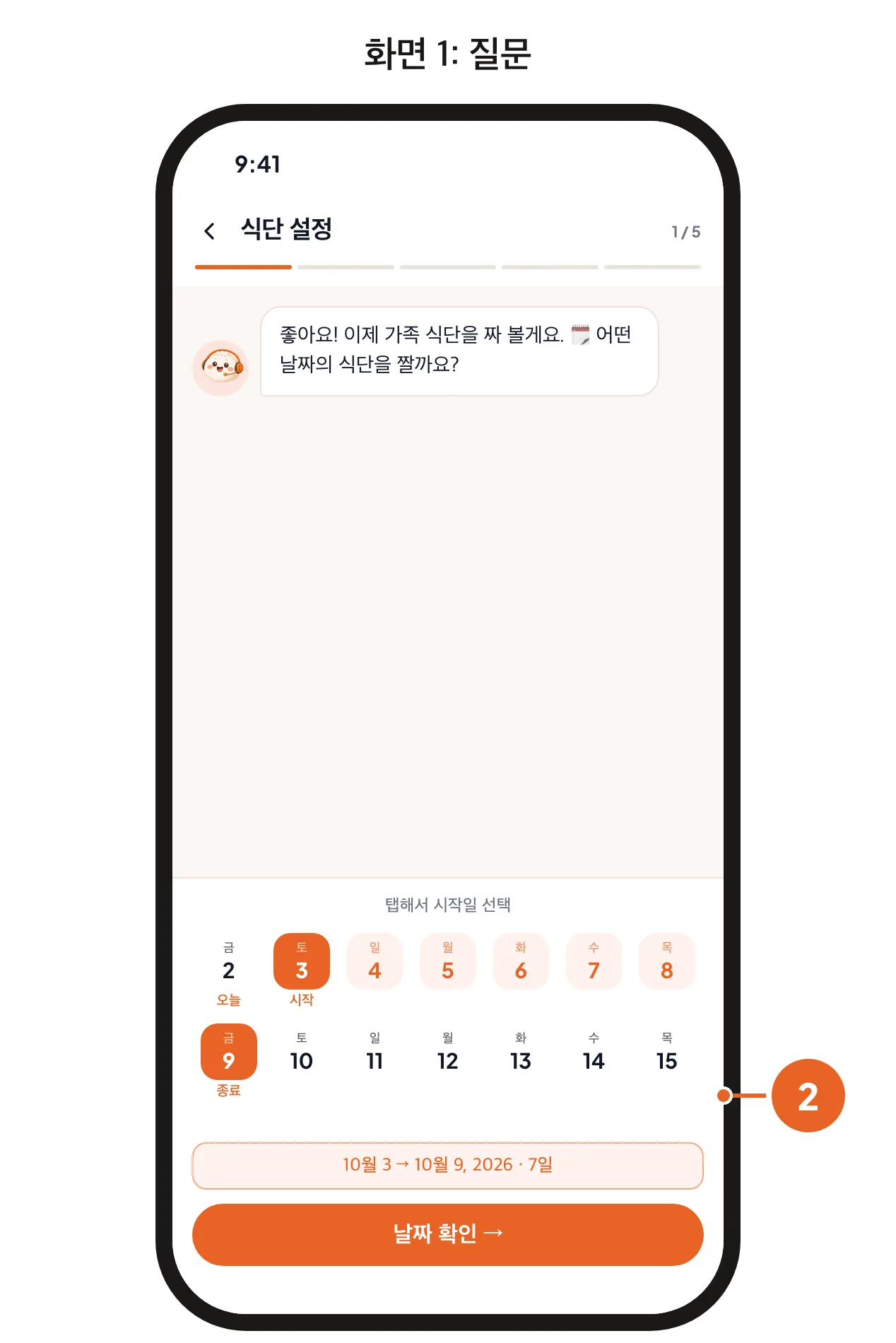 화면 1: 계획할 날짜를 고르는 모습. 화면 2: 식단 만들기 버튼이 있는 식단 초안.