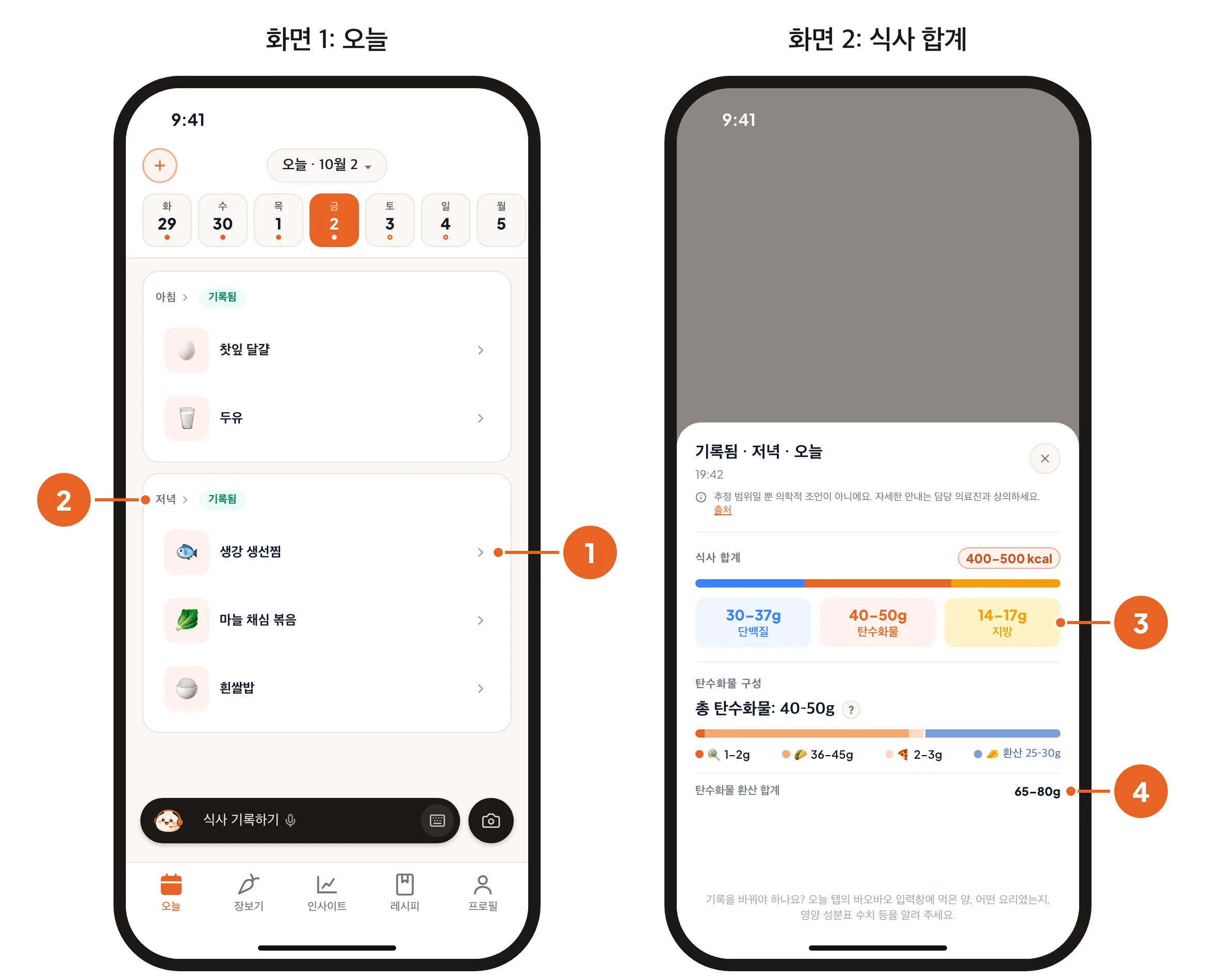 화면 1: 기록한 저녁이 있는 오늘. 요리와 식사 이름에 번호. 화면 2: 그 저녁의 식사 합계. 수치 범위와 탄수화물 환산 합계.