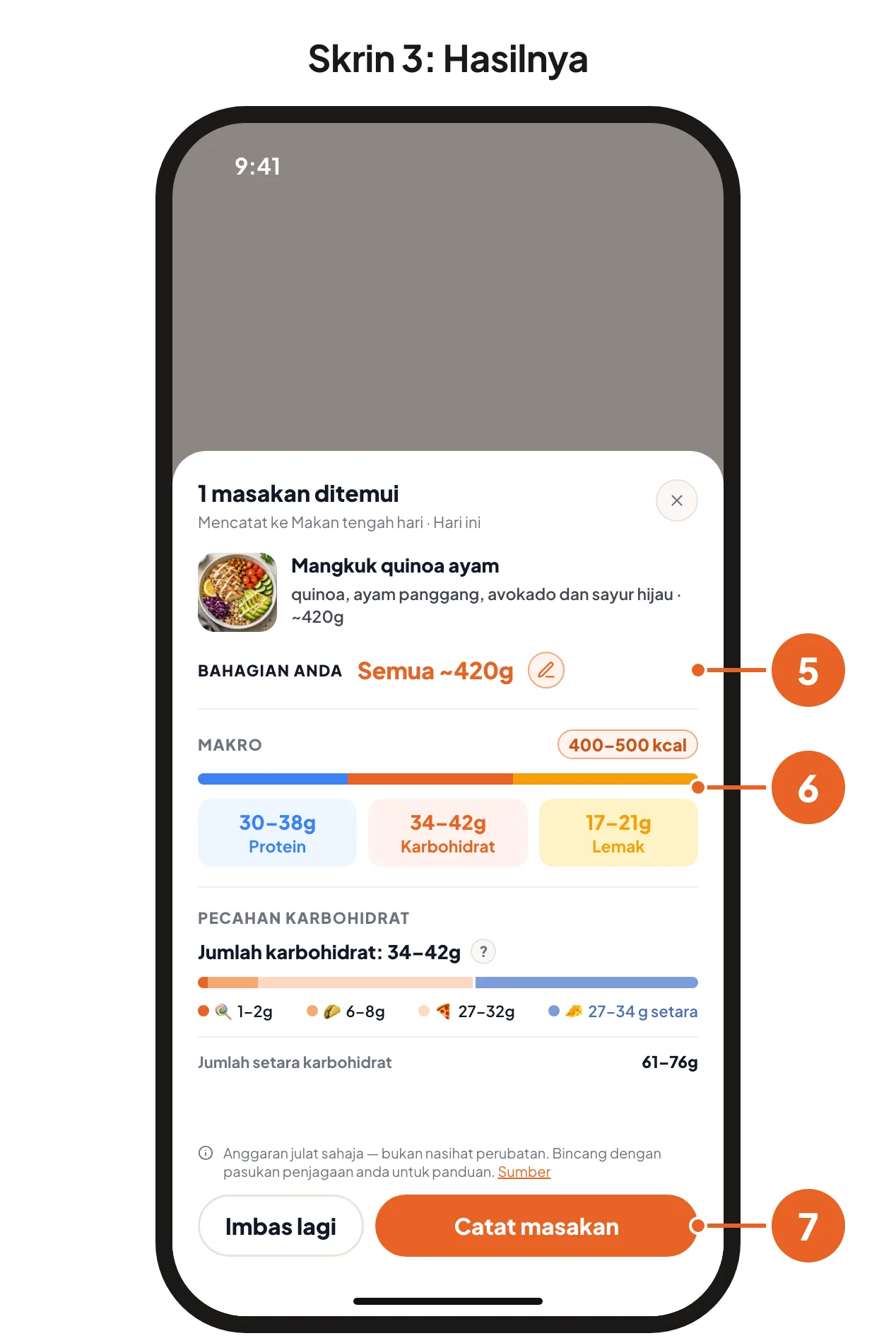 Skrin 3: hasilnya, dengan bahagian anda, makro dan pecahan karbohidrat, serta butang Catat masakan.