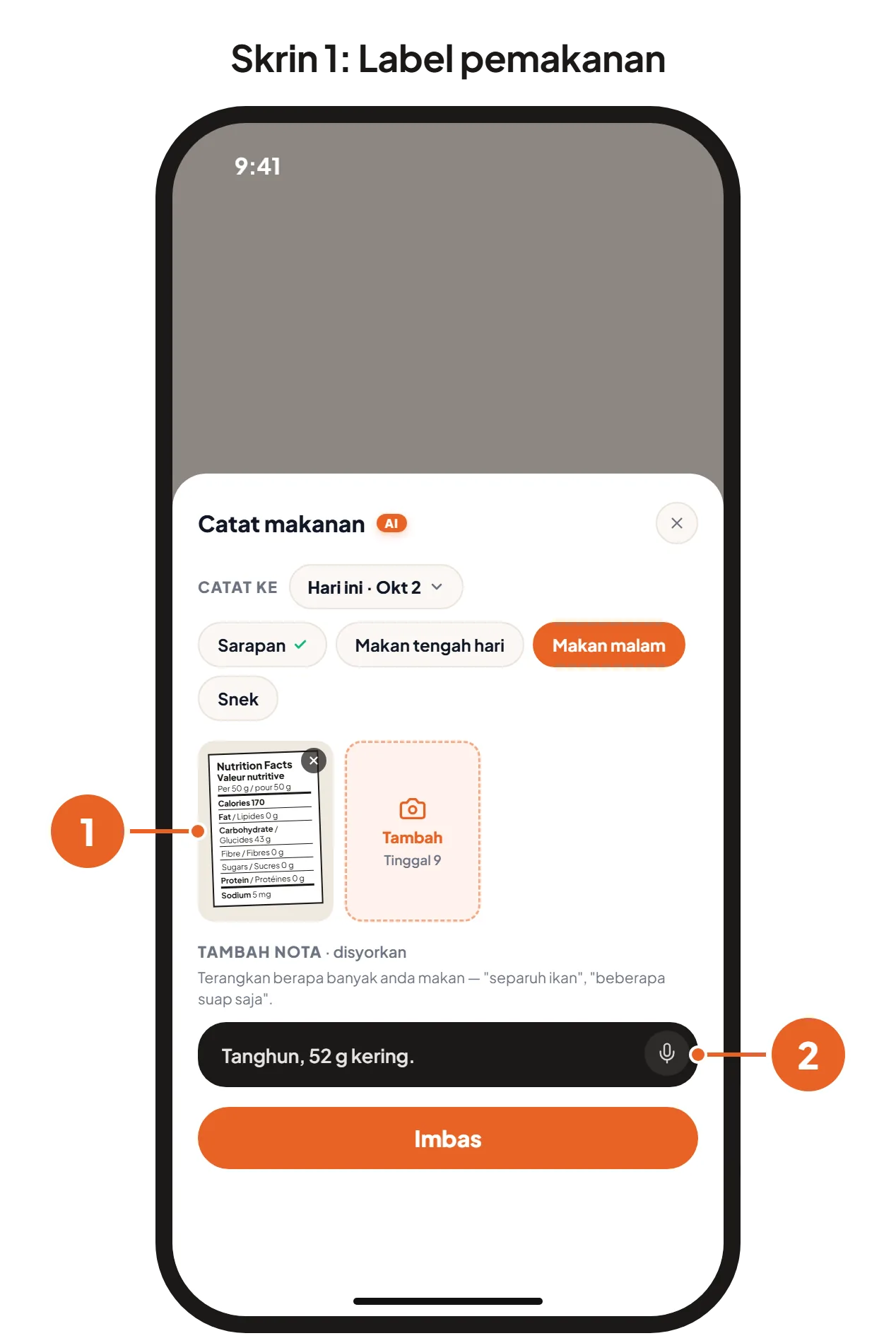 Skrin 1: helaian Catat makanan dengan gambar label pemakanan dan nota “Tanghun, 52 g kering”. Skrin 2: hasilnya, dengan 45 g karbohidrat sebagai satu angka.