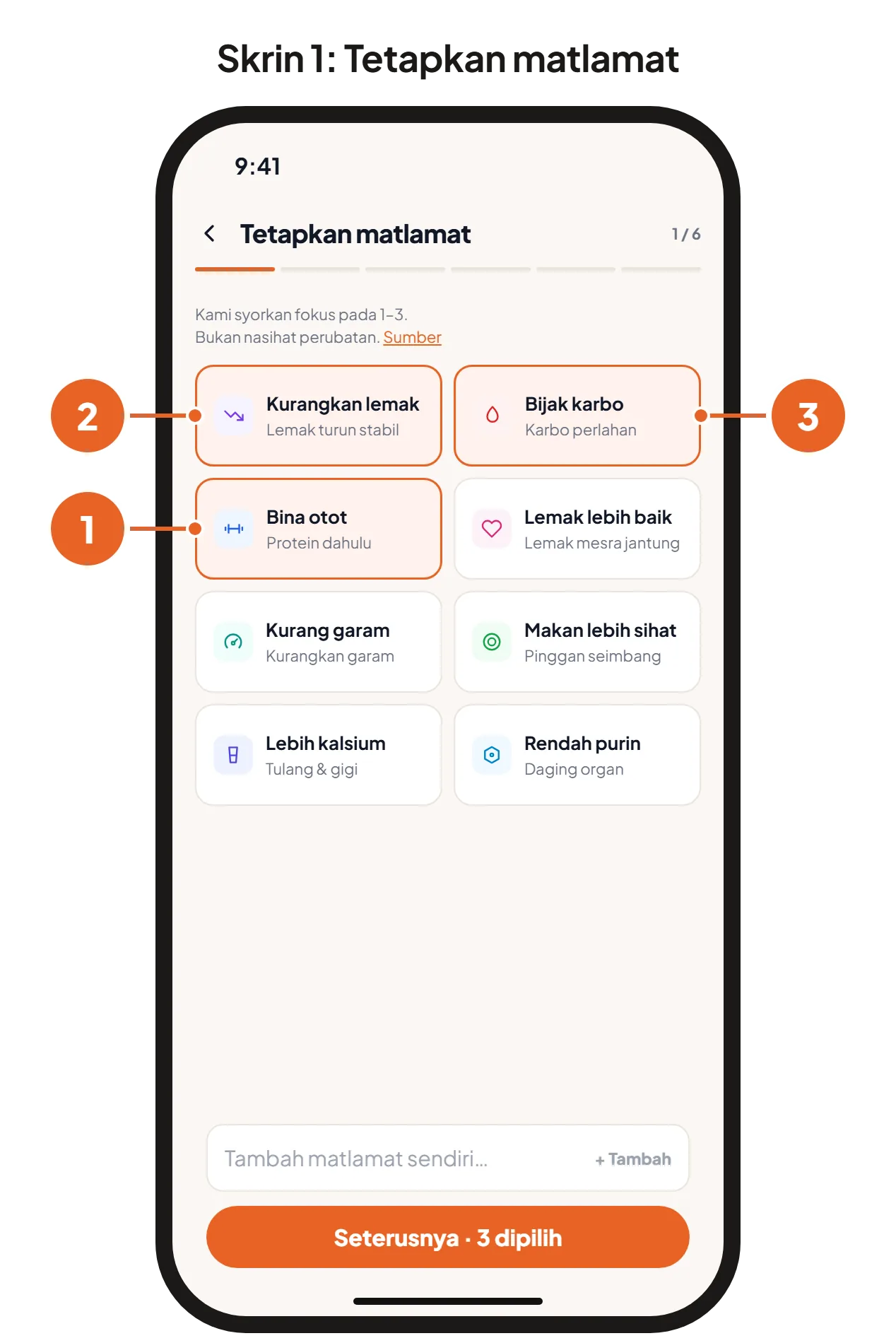 Skrin 1: Tetapkan matlamat, dengan Kurangkan lemak, Bijak karbo dan Bina otot dipilih. Skrin 2: Kalori harian, dengan sasaran kalori yang dicadangkan.