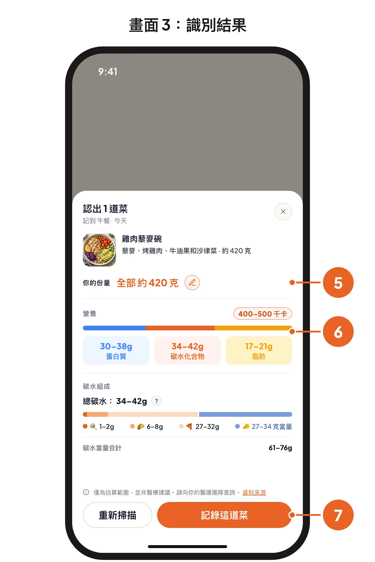 畫面 3:識別結果,包括你的份量、營養素和碳水組成,以及「記錄這道菜」按鈕。